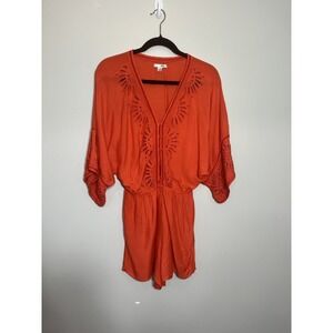 Amuse Society Womens Orange Eyelet Embroidered V-Neck Romper Size Small Boho